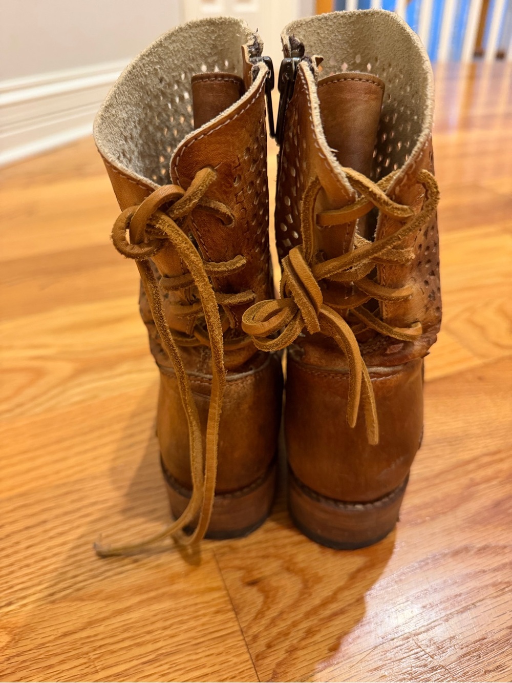 BED|STU Perforated Cognac Leather Ankle Boots - Picture 3 of 6